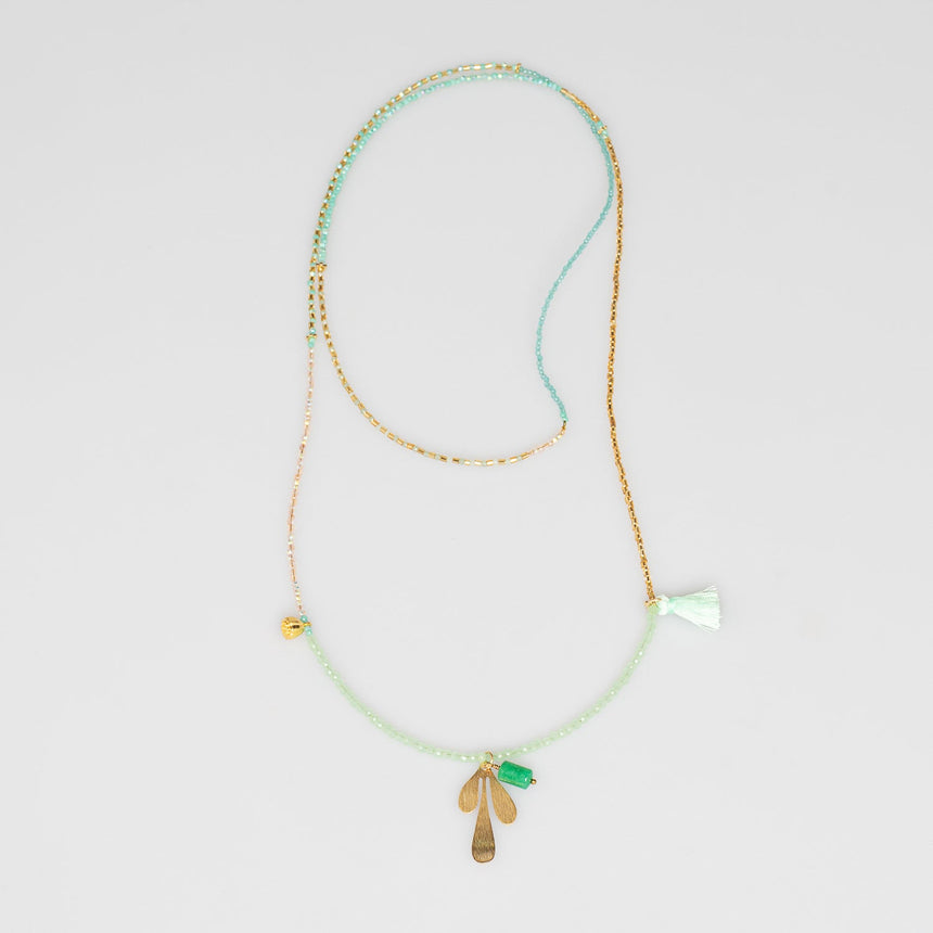 Green and Gold Charm Beaded Long Necklace