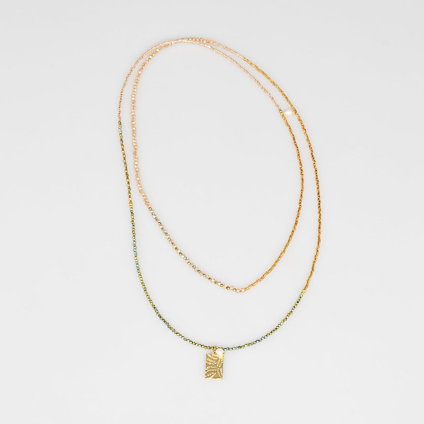 Green and Gold Beaded Charm Long Necklace