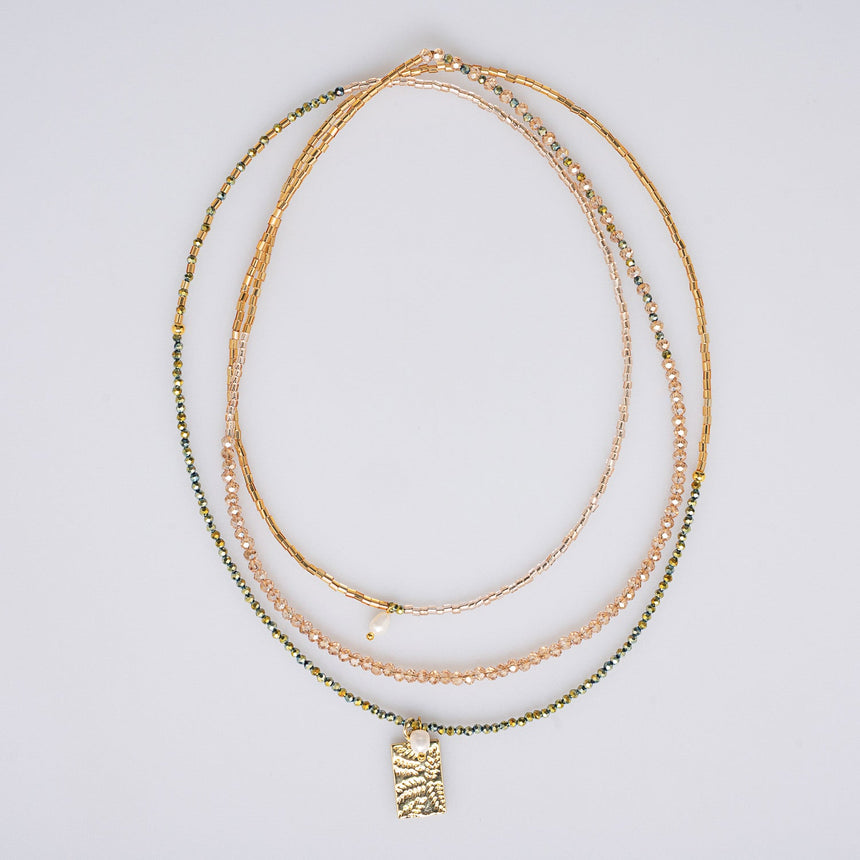 Green and Gold Beaded Charm Long Necklace