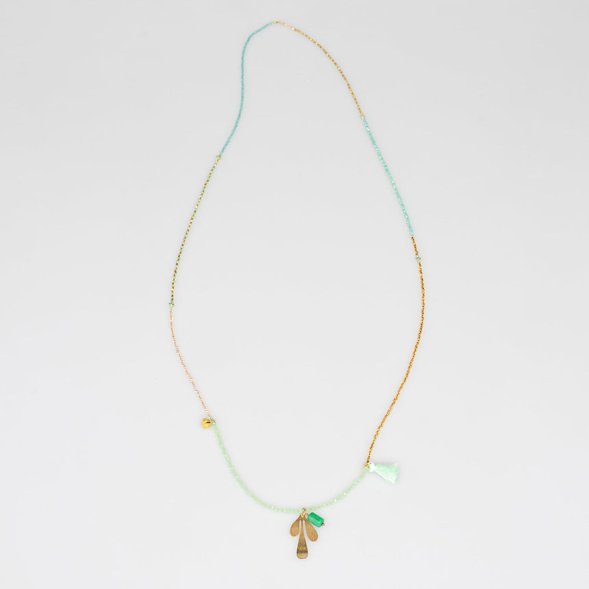 Green and Gold Charm Beaded Long Necklace