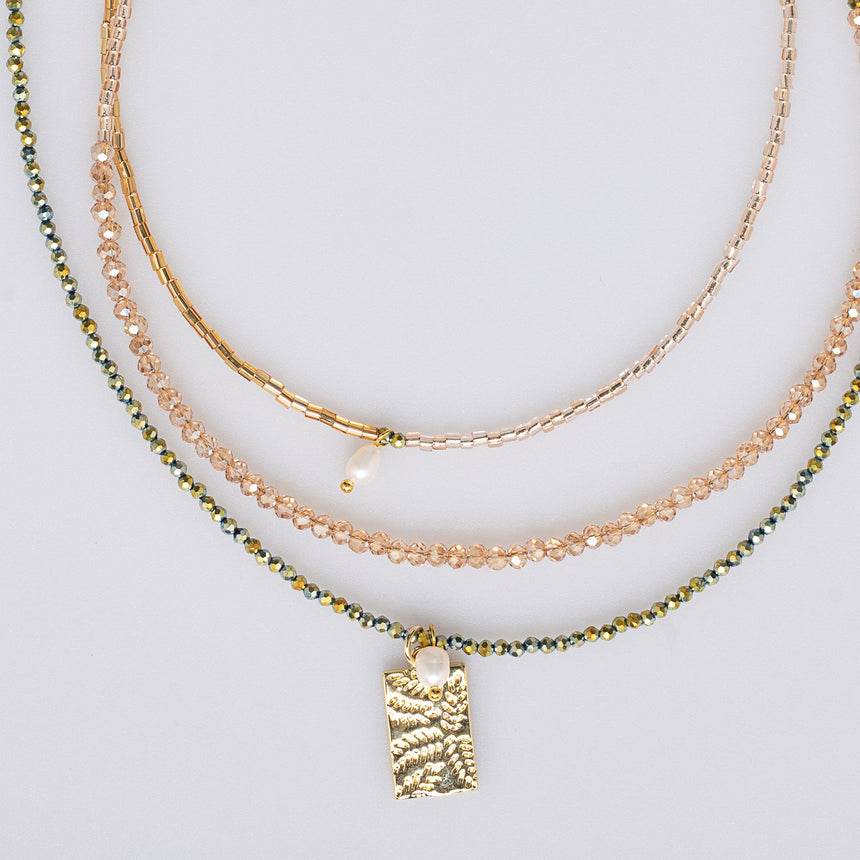 Green and Gold Beaded Charm Long Necklace