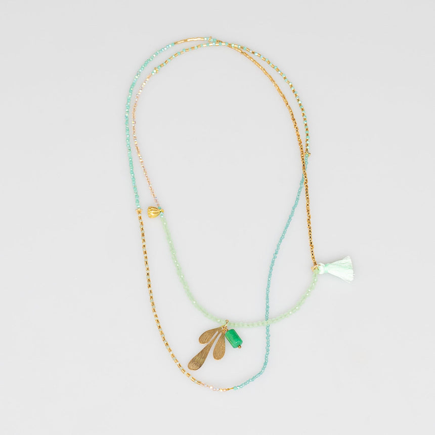 Green and Gold Charm Beaded Long Necklace