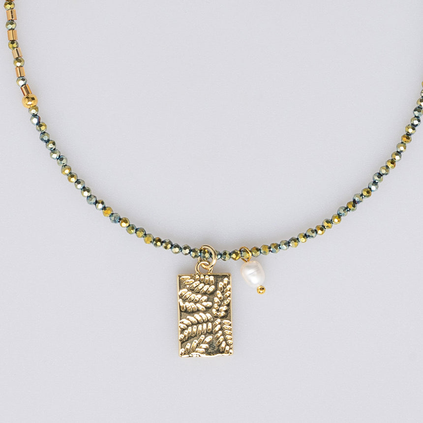 Green and Gold Beaded Charm Long Necklace