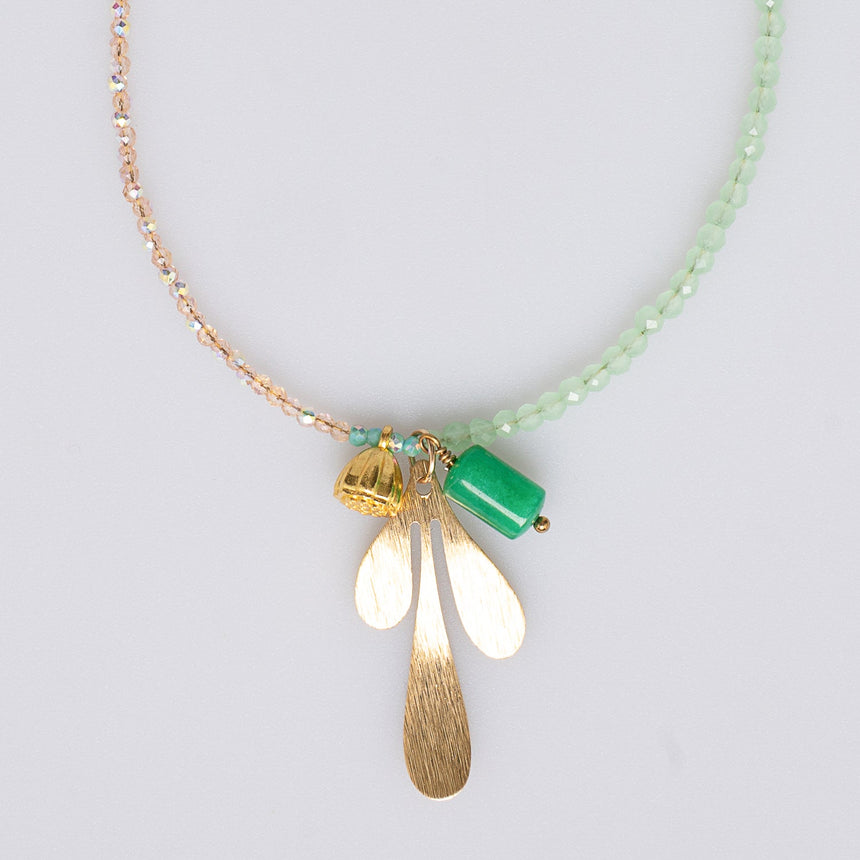Green and Gold Charm Beaded Long Necklace