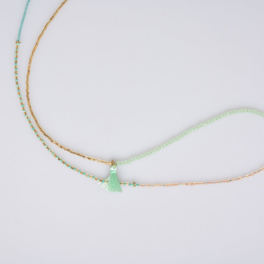 Green and Gold Charm Beaded Long Necklace