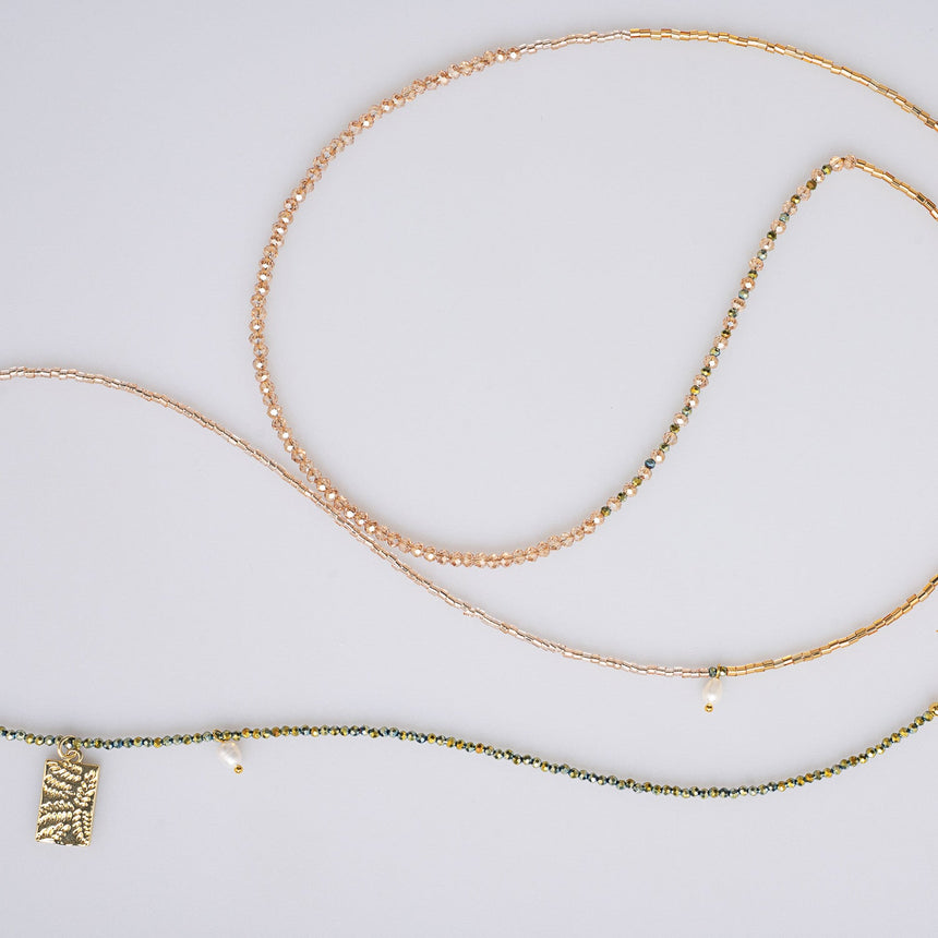 Green and Gold Beaded Charm Long Necklace