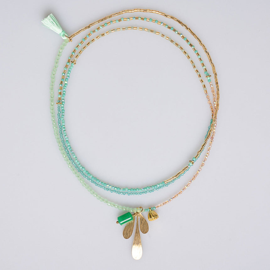 Green and Gold Charm Beaded Long Necklace