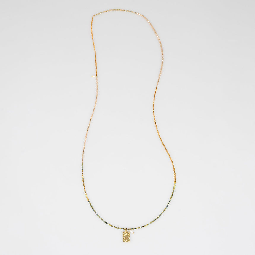 Green and Gold Beaded Charm Long Necklace