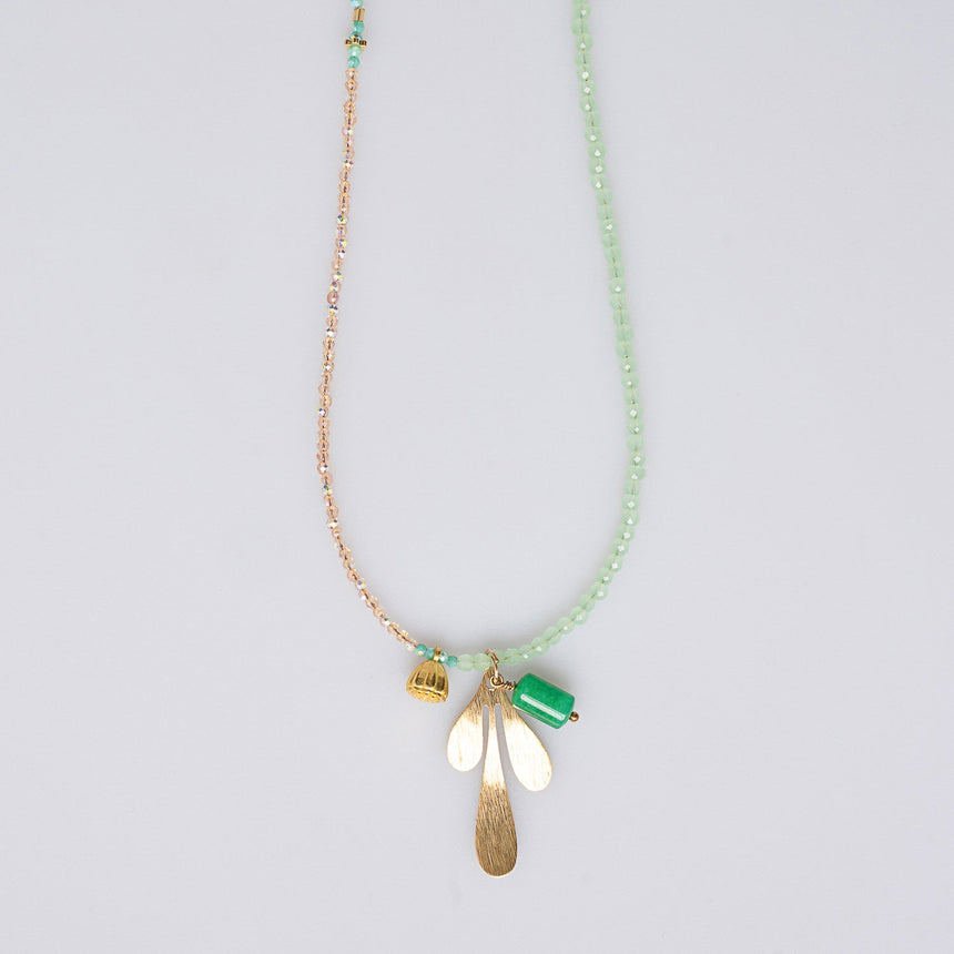 Green and Gold Charm Beaded Long Necklace