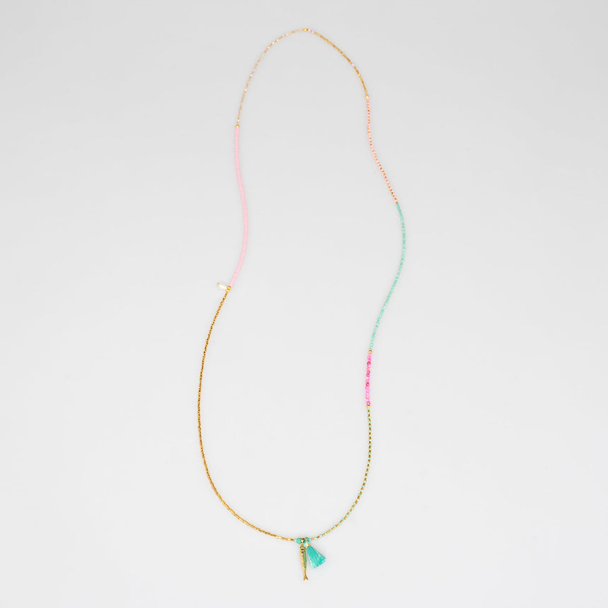 Gold, Pink and Turquiose Beaded Fish  Necklace