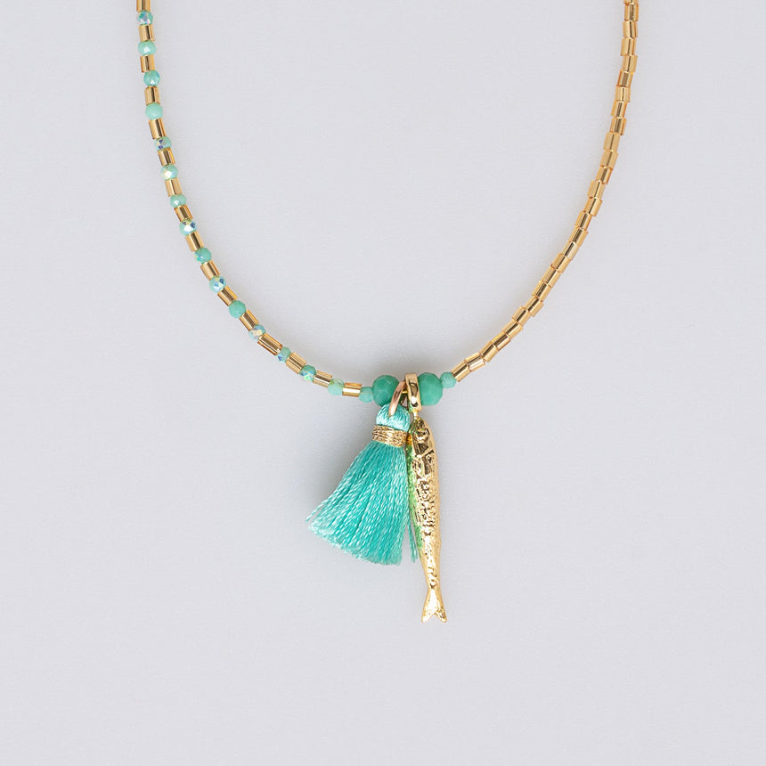 Gold, Pink and Turquiose Beaded Fish  Necklace