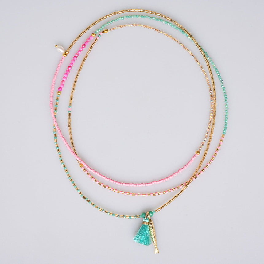Gold, Pink and Turquiose Beaded Fish  Necklace