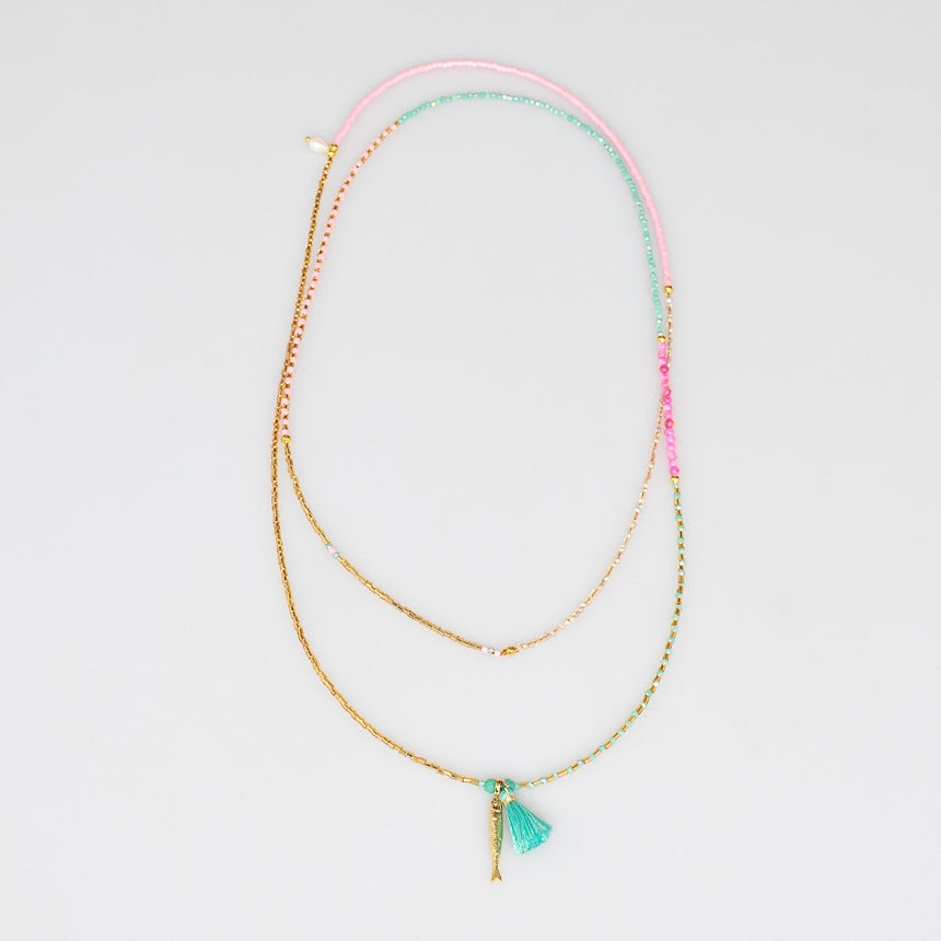 Gold, Pink and Turquiose Beaded Fish  Necklace
