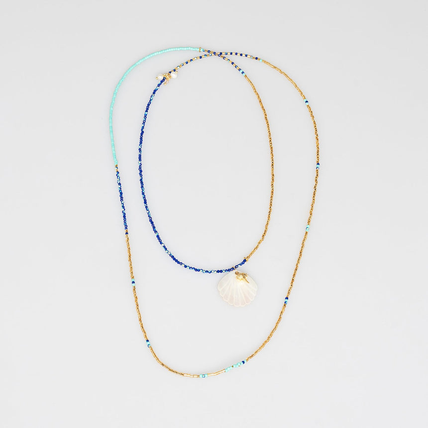Blue and Gold Beaded Shell Long Necklace
