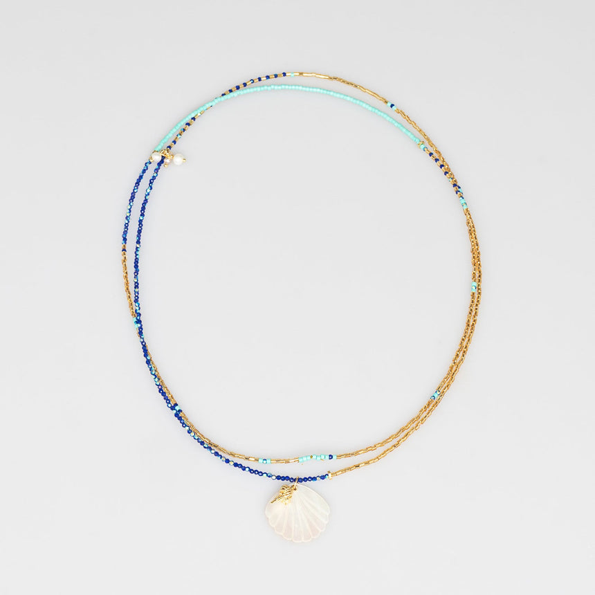 Blue and Gold Beaded Shell Long Necklace
