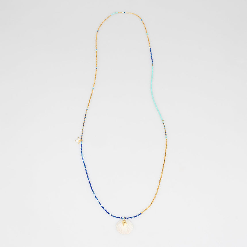 Blue and Gold Beaded Shell Long Necklace