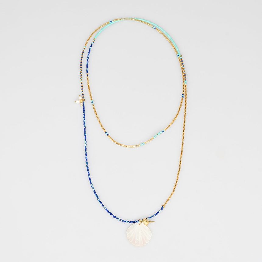 Blue and Gold Beaded Shell Long Necklace