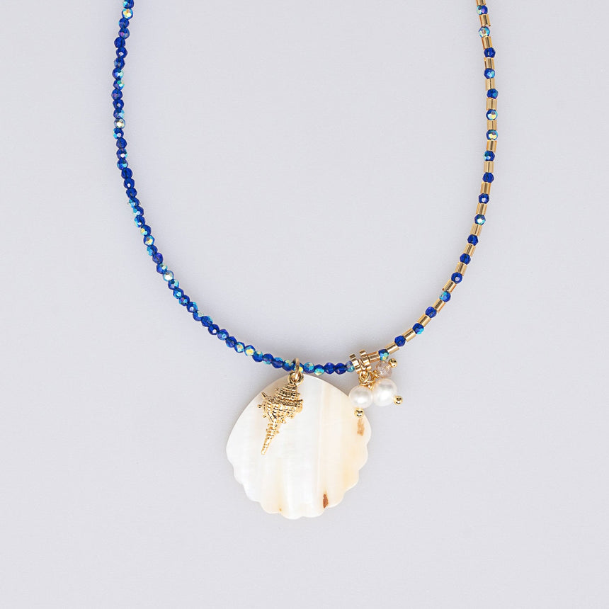 Blue and Gold Beaded Shell Long Necklace
