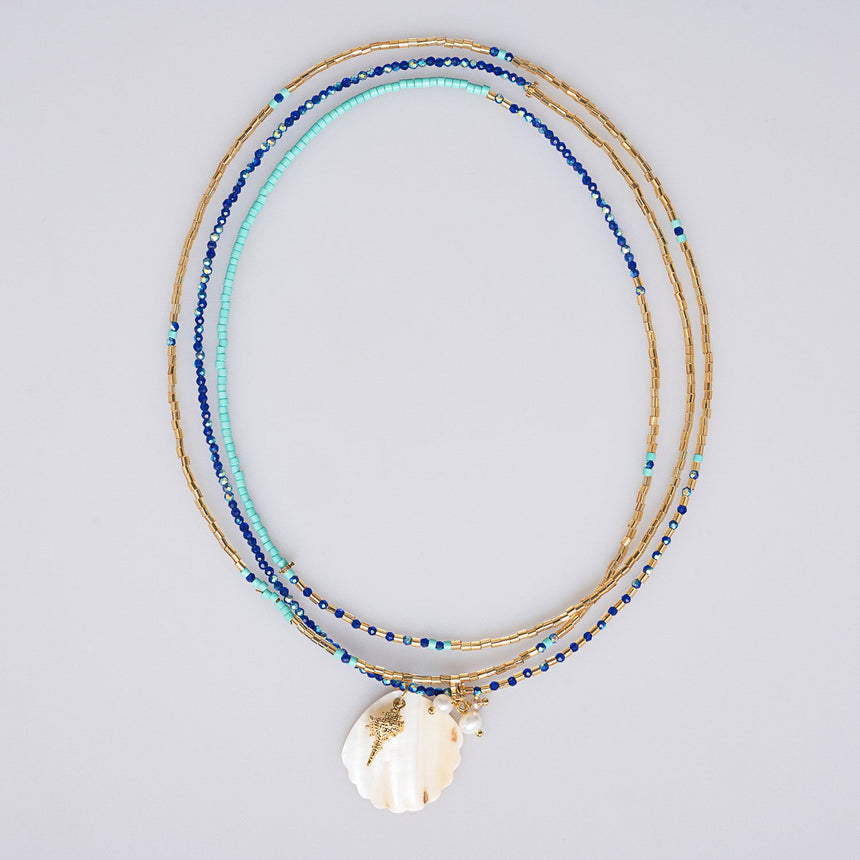 Blue and Gold Beaded Shell Long Necklace
