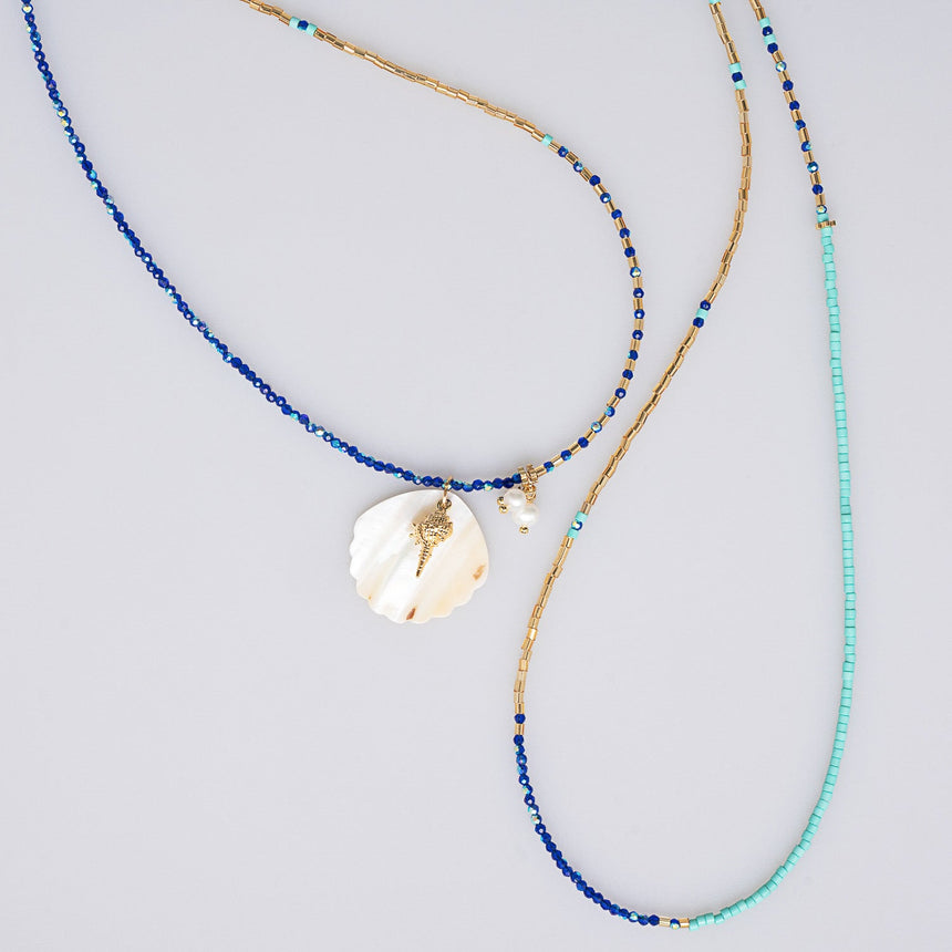 Blue and Gold Beaded Shell Long Necklace