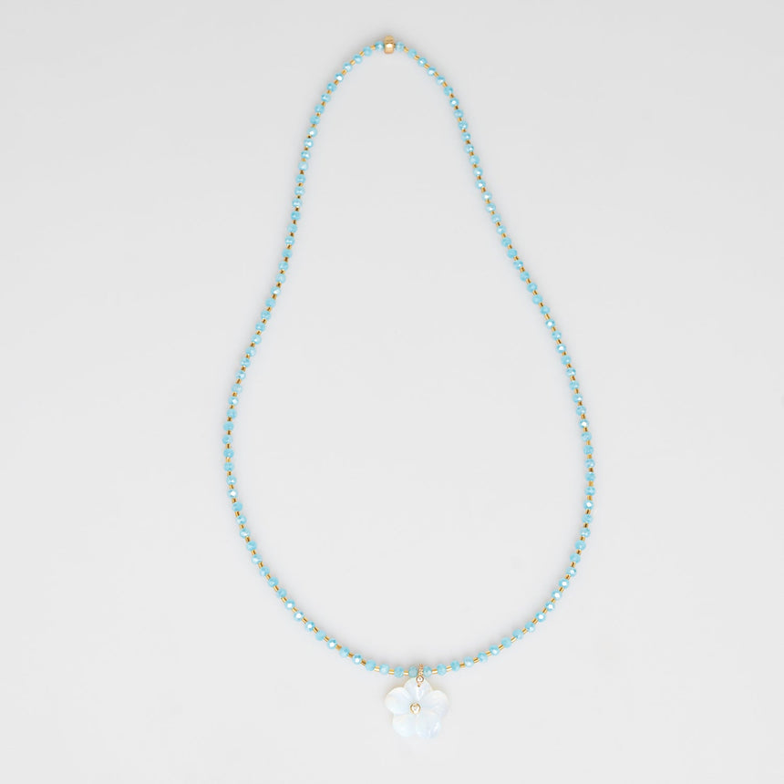 Blue Beaded Long Necklace with Flower Charm