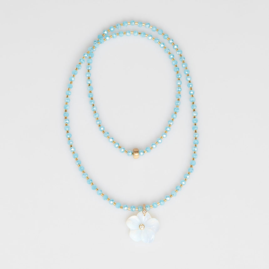 Blue Beaded Long Necklace with Flower Charm