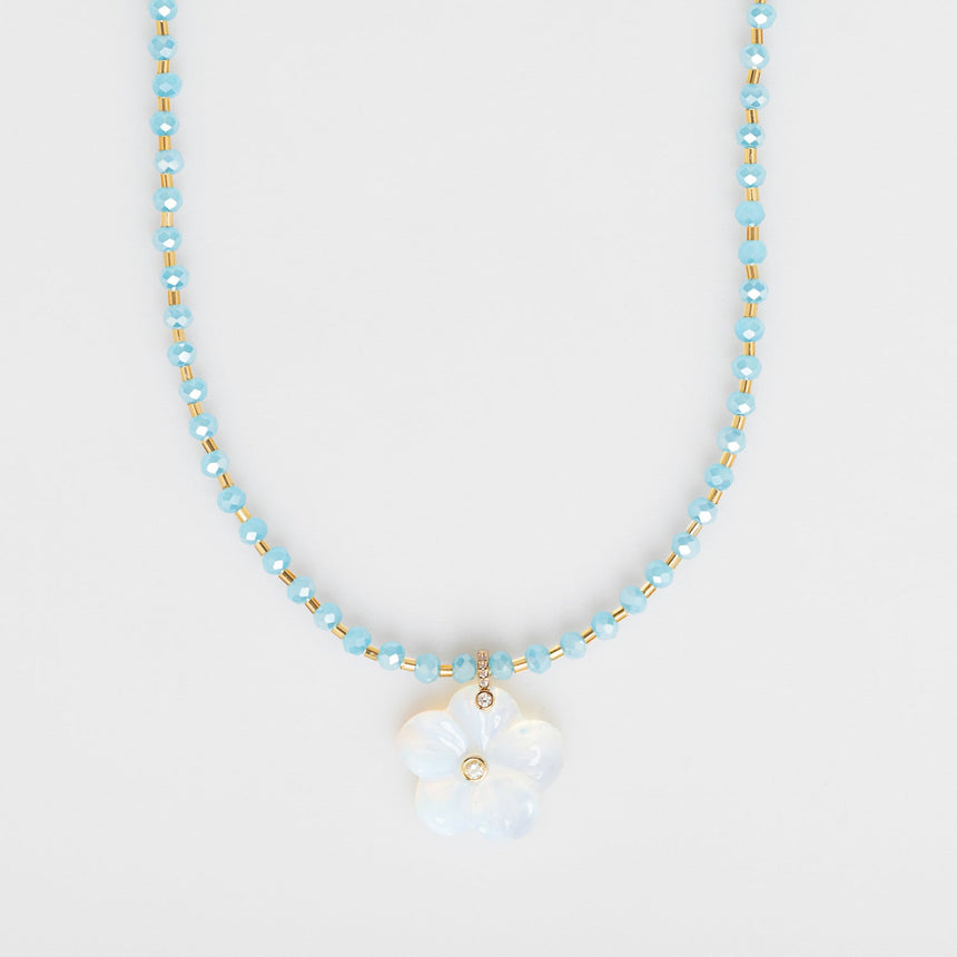 Blue Beaded Long Necklace with Flower Charm