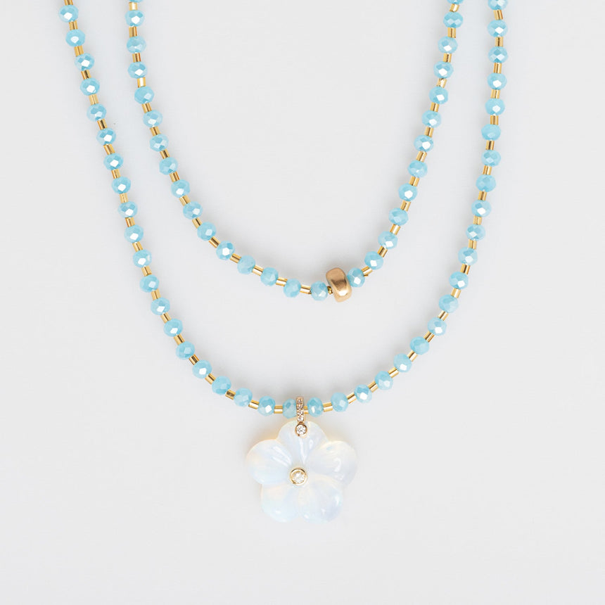 Blue Beaded Long Necklace with Flower Charm