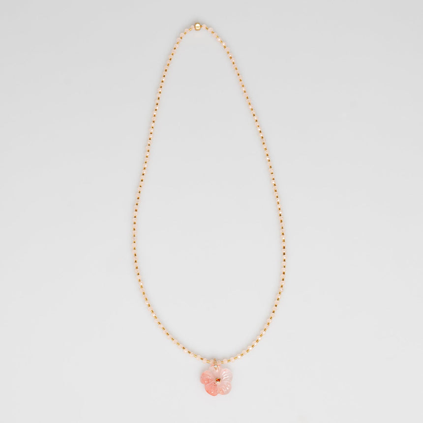 Peach Beaded Long Necklace with Flower Charm