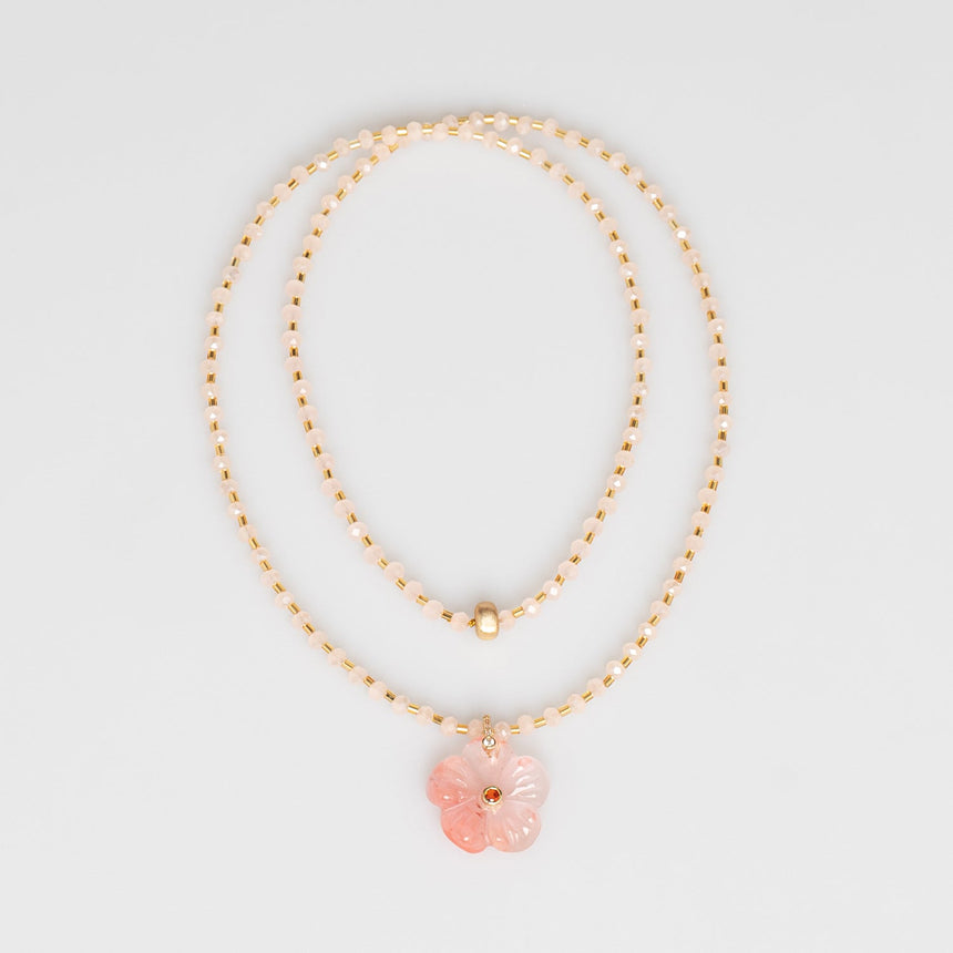Peach Beaded Long Necklace with Flower Charm