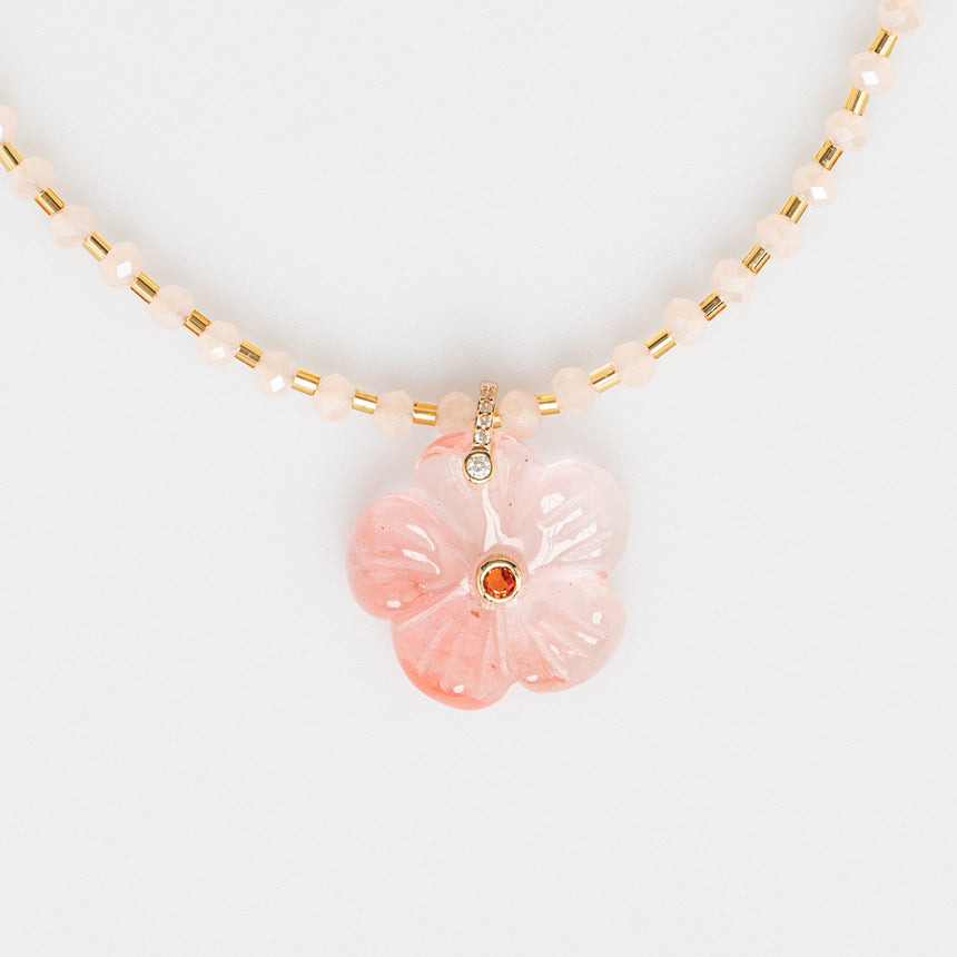 Peach Beaded Long Necklace with Flower Charm