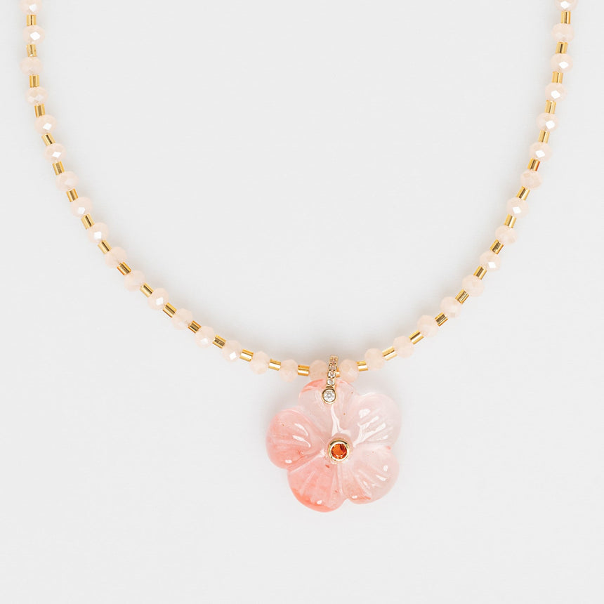 Peach Beaded Long Necklace with Flower Charm
