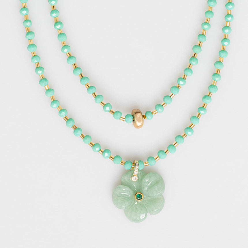 Mint Beaded Long Necklace with Flower Charm