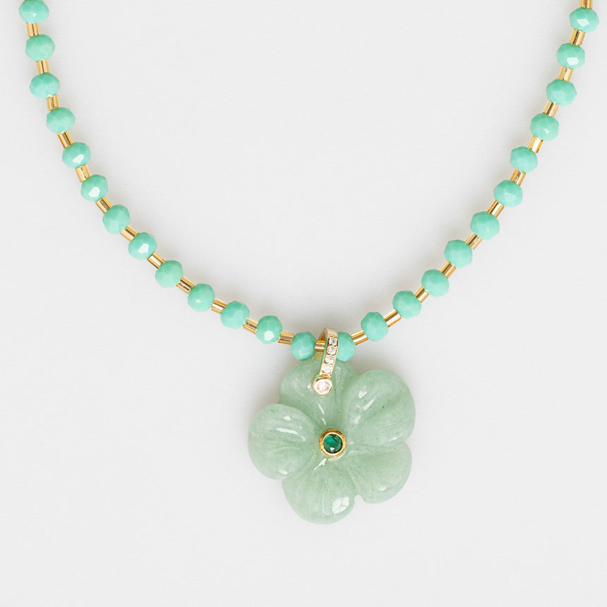 Mint Beaded Long Necklace with Flower Charm