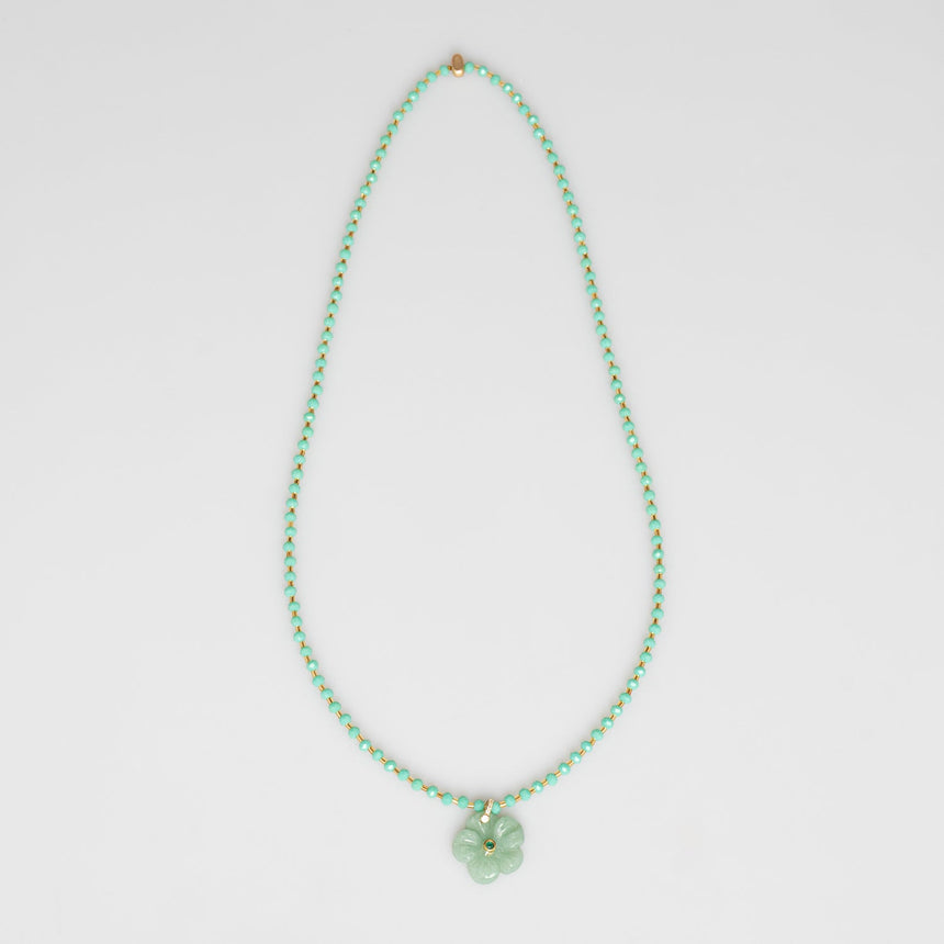 Mint Beaded Long Necklace with Flower Charm