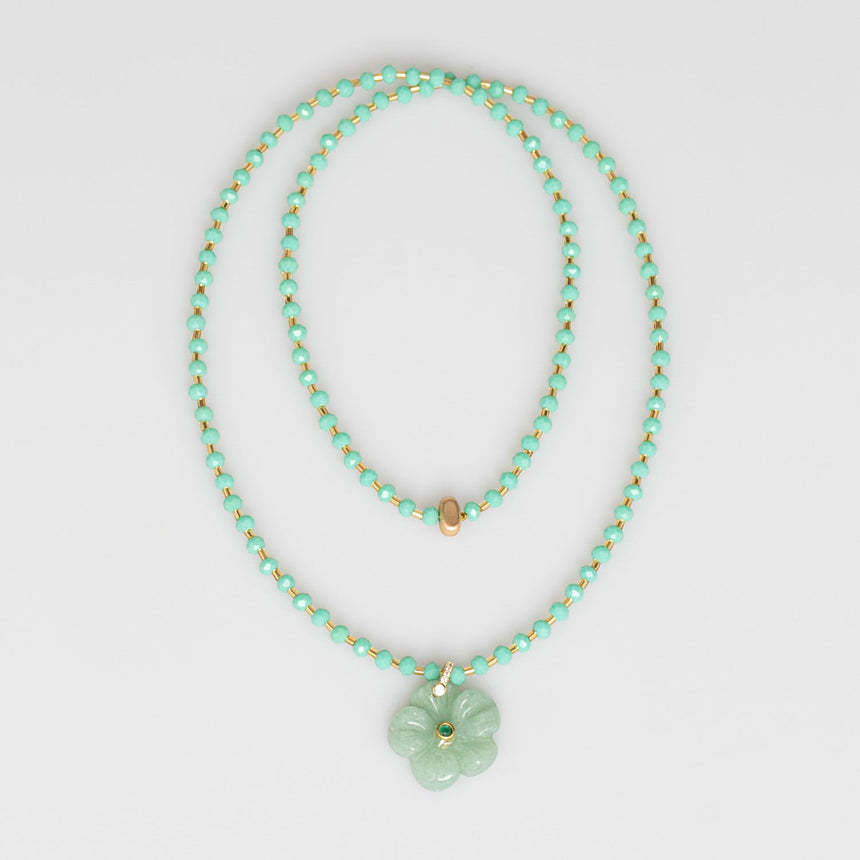 Mint Beaded Long Necklace with Flower Charm