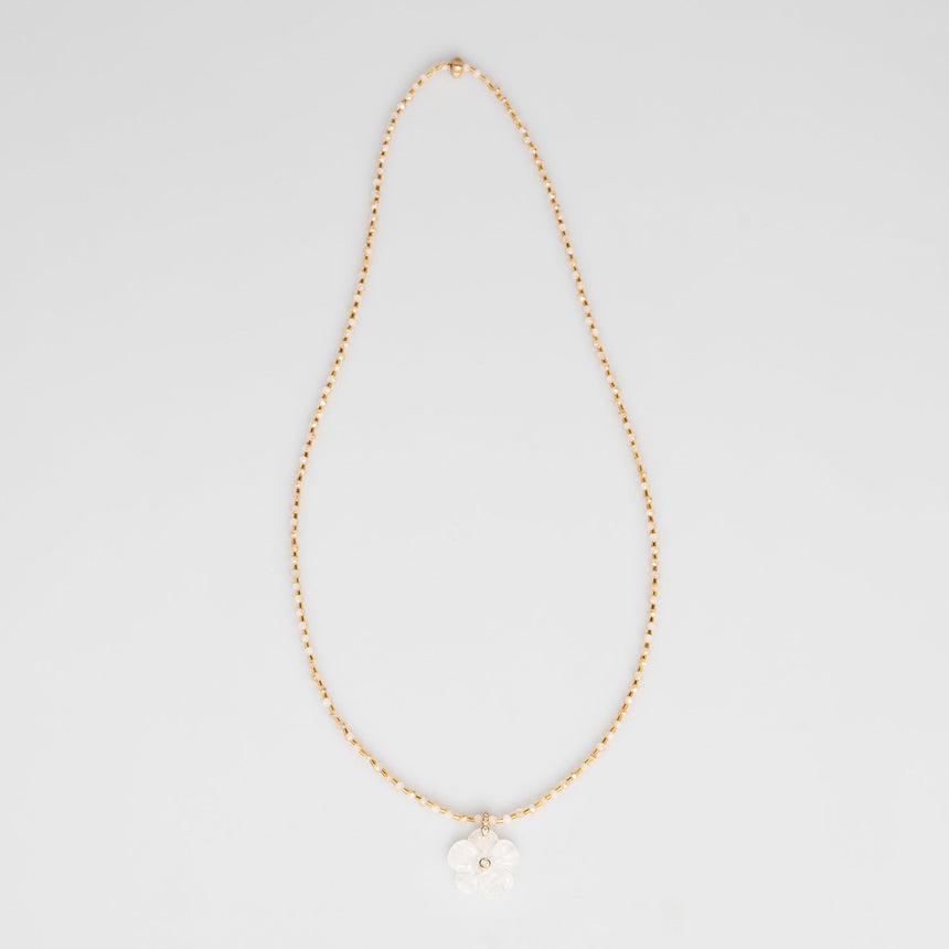 Gold and White Beaded Long Necklace with Flower Charm