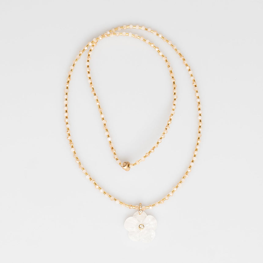Gold and White Beaded Long Necklace with Flower Charm