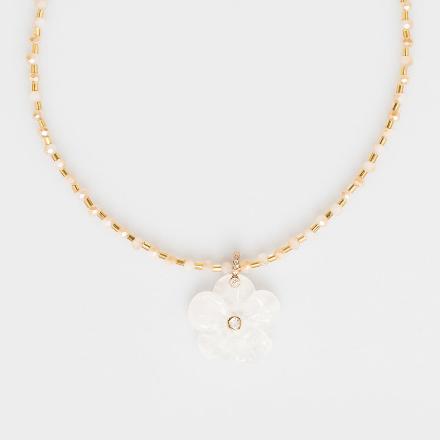Gold and White Beaded Long Necklace with Flower Charm