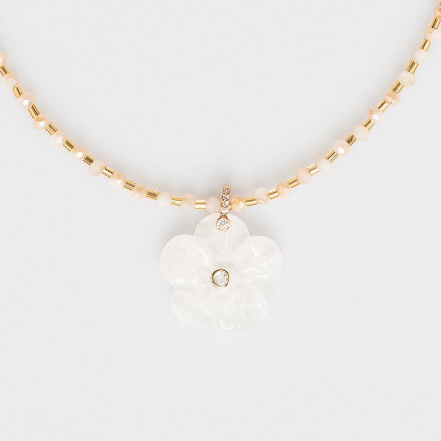 Gold and White Beaded Long Necklace with Flower Charm