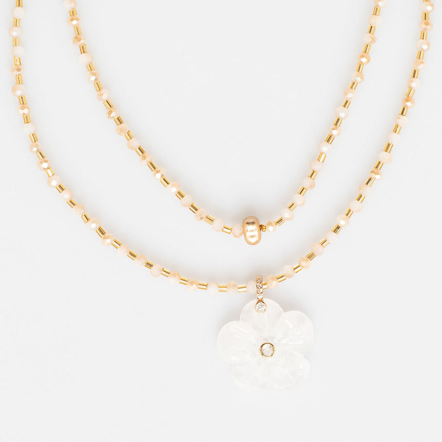 Gold and White Beaded Long Necklace with Flower Charm
