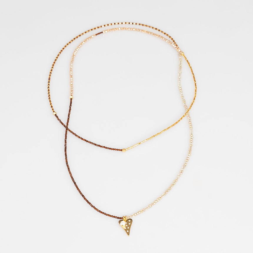 Copper and Gold Beaded Long Necklace with Heart Charm