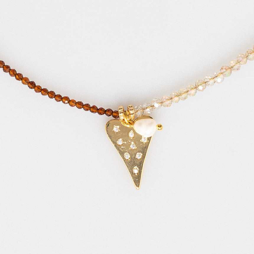 Copper and Gold Beaded Long Necklace with Heart Charm