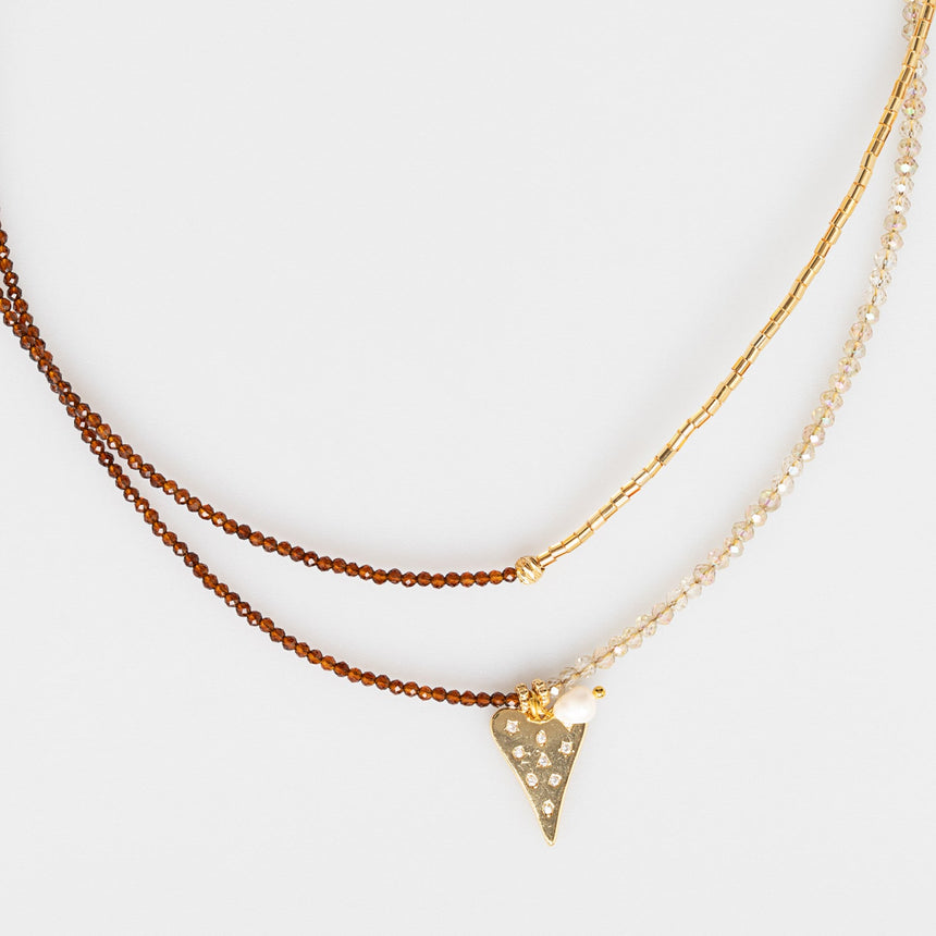 Copper and Gold Beaded Long Necklace with Heart Charm