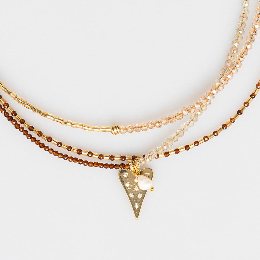 Copper and Gold Beaded Long Necklace with Heart Charm
