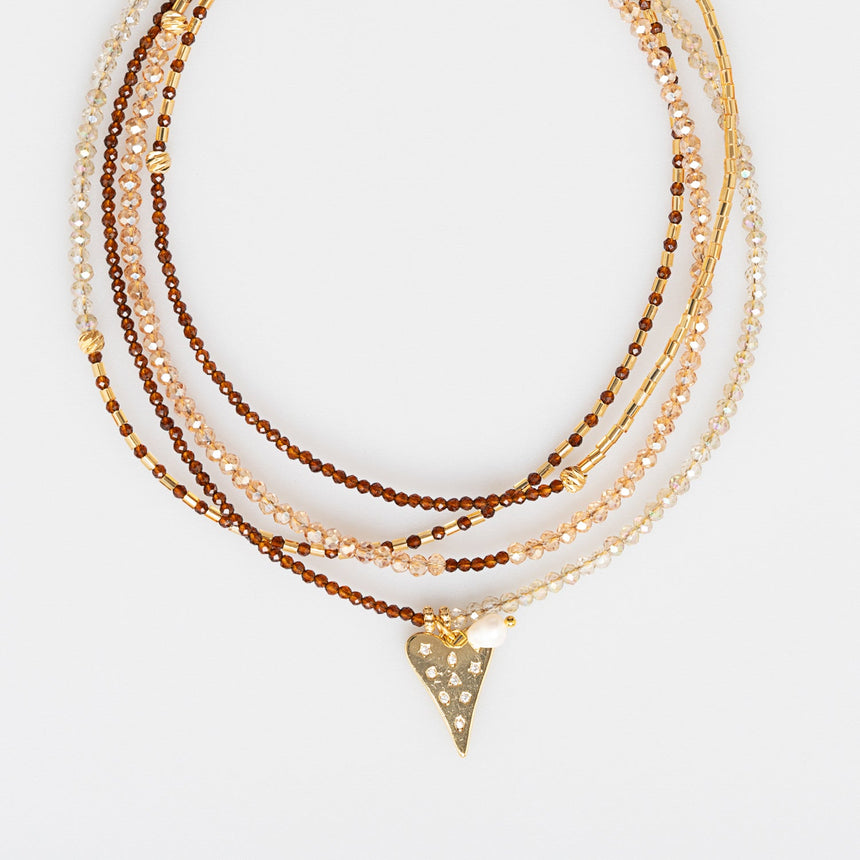 Copper and Gold Beaded Long Necklace with Heart Charm