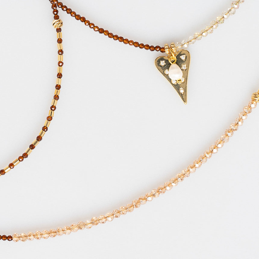 Copper and Gold Beaded Long Necklace with Heart Charm
