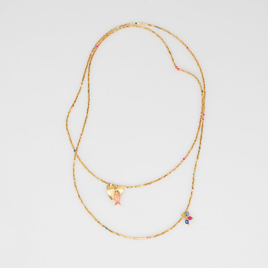Gold and Colour Speckled Beaded Long Necklace
