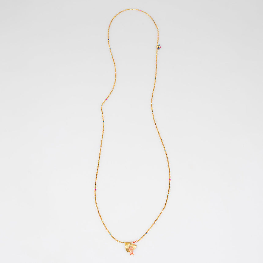 Gold and Colour Speckled Beaded Long Necklace