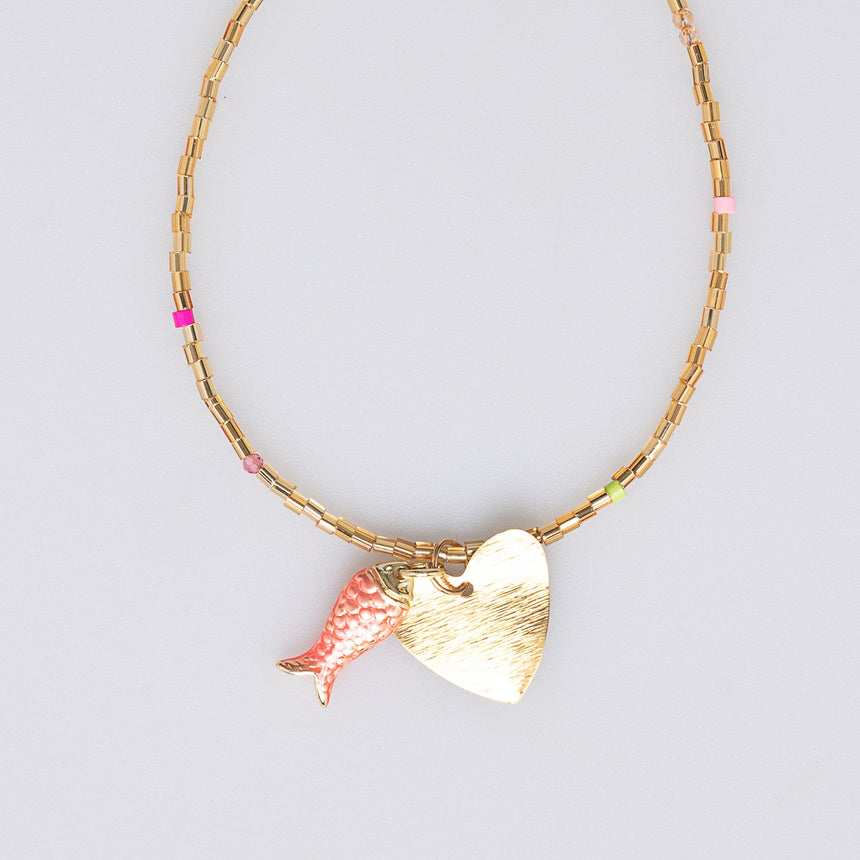Gold and Colour Speckled Beaded Long Necklace